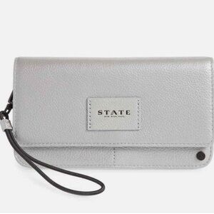 STATE LEATHER Silver Wristlet ‘Greenwood Bristol’, Fits iPhone 16 Pro, Like New